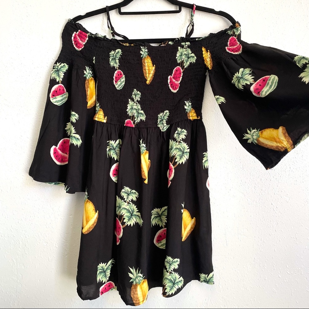 Forever 21 Black Pineapple Watermelon Off Shoulder Mini Dress w/Straps & Sleeves